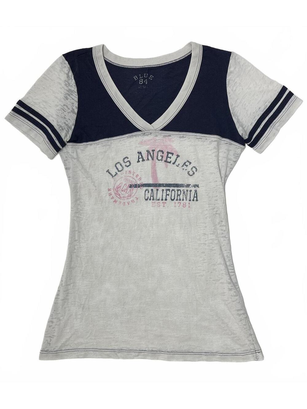 Y2K Blue 84 Los Angeles California Graphic Print Sheer V Neck Baseball T Shirt S